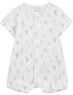 The Tartine et Chocolat Baby Boys’ Hot Air Balloon Short Jumpsuit features soft white cotton, short sleeves, front buttons, two pockets, and a subtle blue hot air balloon print—an ideal everyday newborn outfit that offers both comfort and style.