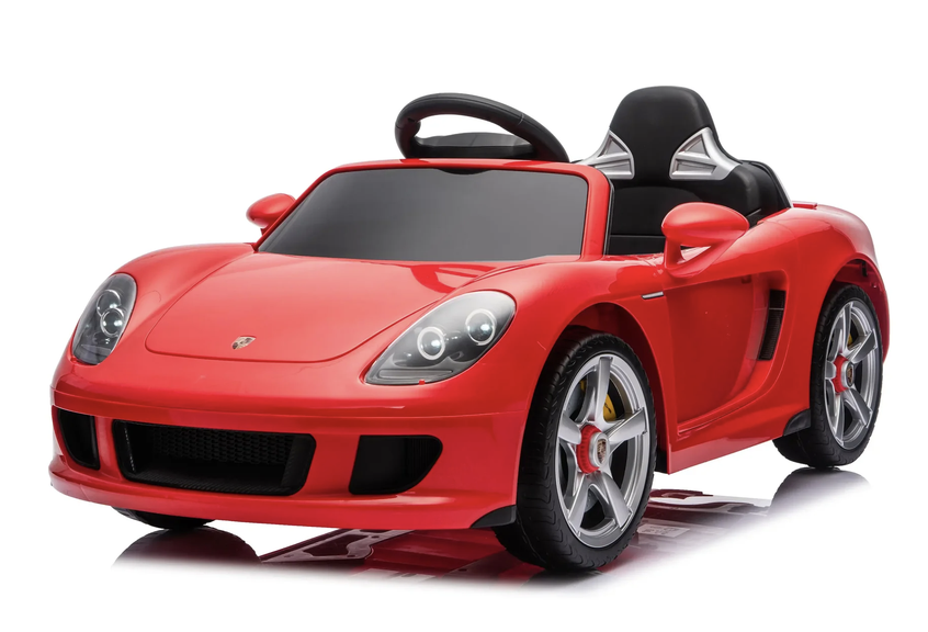 The Freddo 12V Porsche Carrera GT 1 Seater Ride-On is a red, sports car-inspired vehicle equipped with black seats, silver wheels, and a steering wheel. This motorized ride-on features parental remote control and is displayed against a white background.