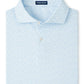 The Peter Millar Soprano Waves Performance Jersey Polo is a light blue short-sleeve shirt featuring a subtle pattern, four-way stretch, and UPF 50+ sun protection, neatly folded with the collar and two buttons visible.