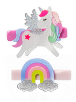 Add a touch of magic to any hairstyle with the Unicorn Pastel Rainbow Hair Clips by Lillies & Roses, featuring one handmade glittery-winged unicorn clip and one pastel rainbow clip adorned with silver glitter clouds.