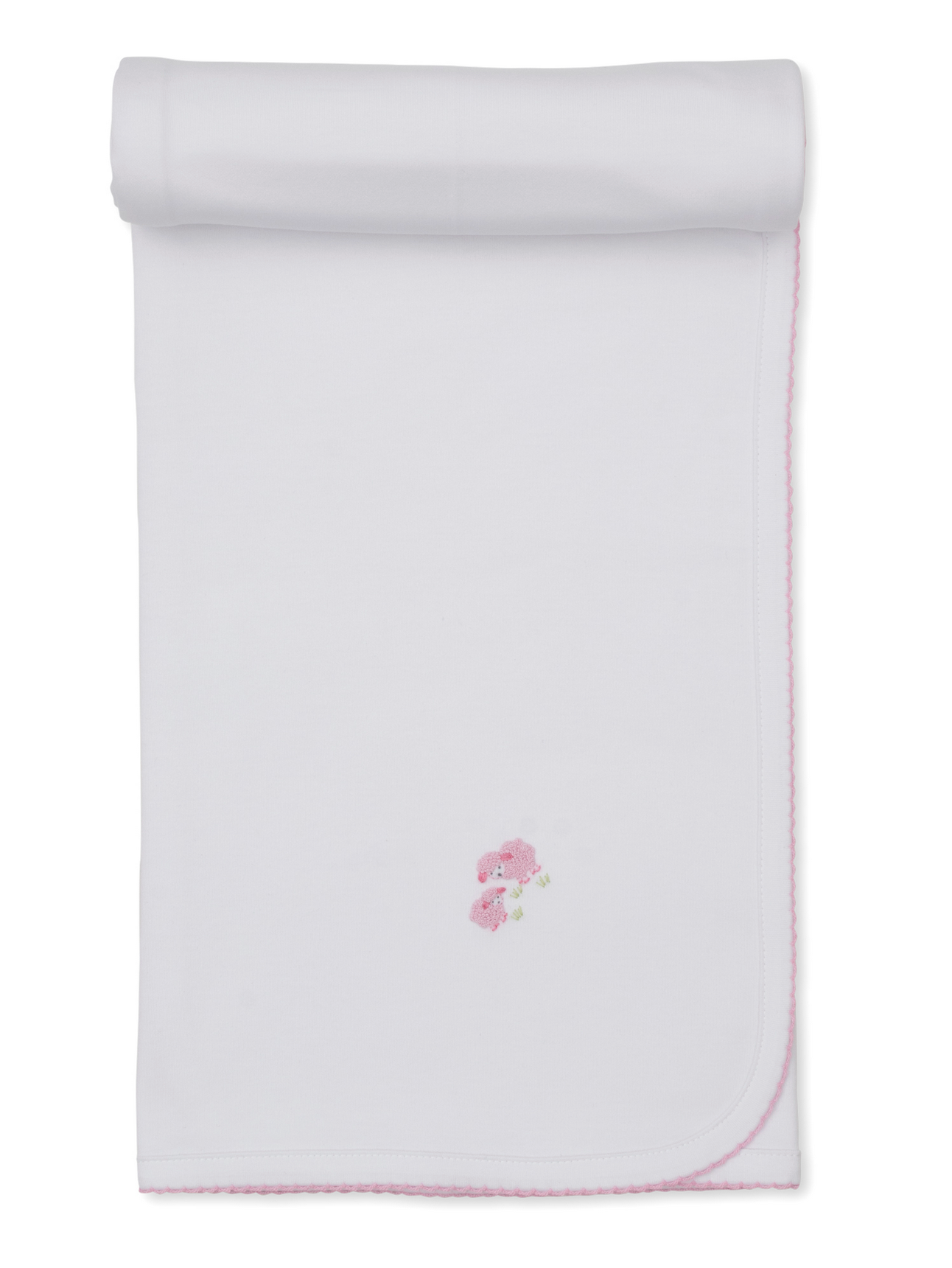 The Kissy Kissy Premier Sweet Sheep Blanket is a white Pima cotton baby blanket featuring pink stitched edges, rolled at the top, and a small embroidered pink bear holding a flower in the center.
