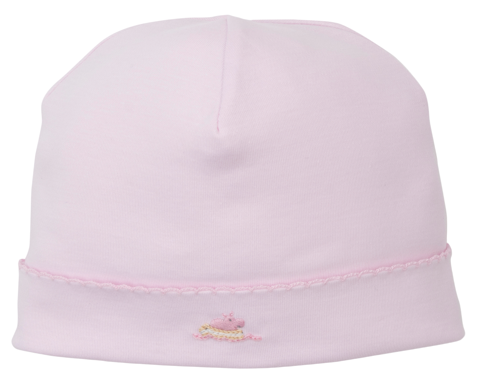 The Kissy Kissy Premier Noah's Ark Hat with Hand Emb. features light pink Pima cotton and a delicately embroidered pink snail by the brim, part of the Noah's Ark Collection.