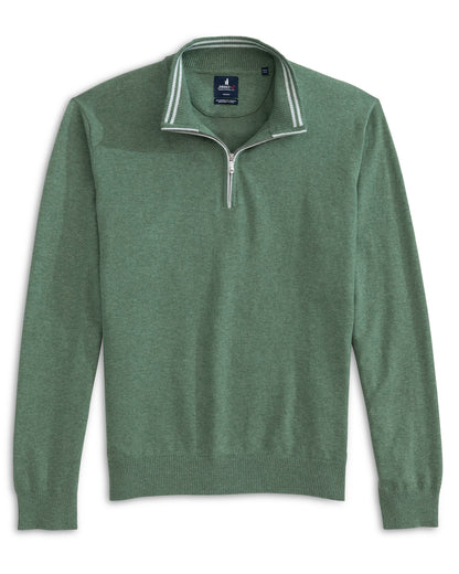 The Johnnie-O Desmond Quarter Zip is a green cotton pullover sweater with a ribbed collar, cuffs, and hem, silver zipper, and white collar trim—a lightweight, versatile option for any casual occasion.
