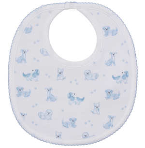 The Kissy Kissy Puppy Paws Printed Bib is crafted from soft white Pima cotton with blue trim and showcases a charming pattern of light blue cartoon puppies and tiny puppy paws. This adorable bib offers both comfort and cuteness for your little one.