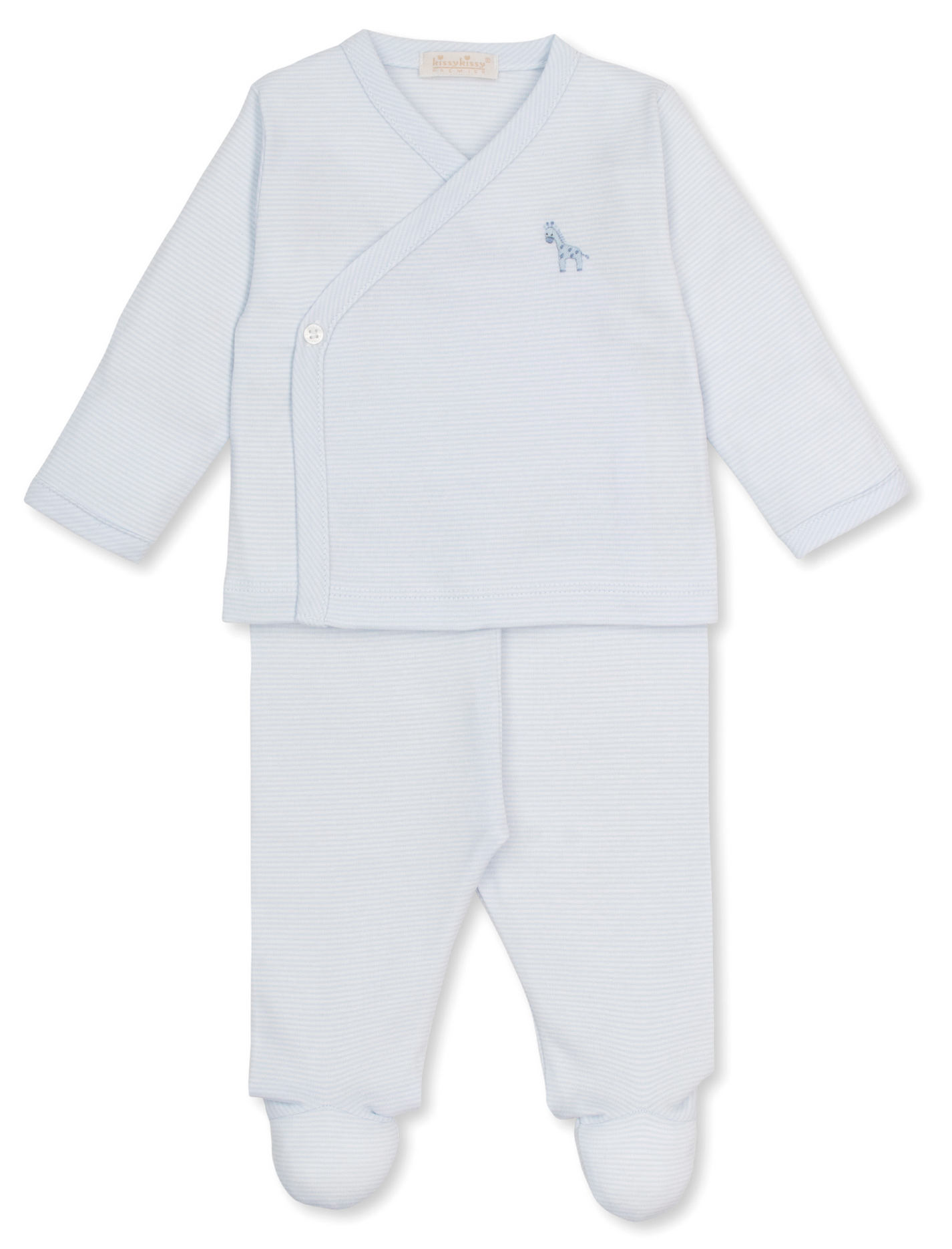 The Kissy Kissy Baby SCE Jungle Hang Out Striped Footed Pant Set features a light blue two-piece outfit made of soft ribbed fabric, including a long-sleeve wrap-style top with a small embroidered giraffe and matching footed pants.