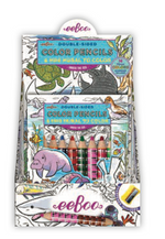 Eeboo Mini Mural with Color Pencils features a display of double-sided color pencils and an "Under the Sea" fold-out mural to color, with packaging illustrated with ocean animals, magical creatures, and plants.