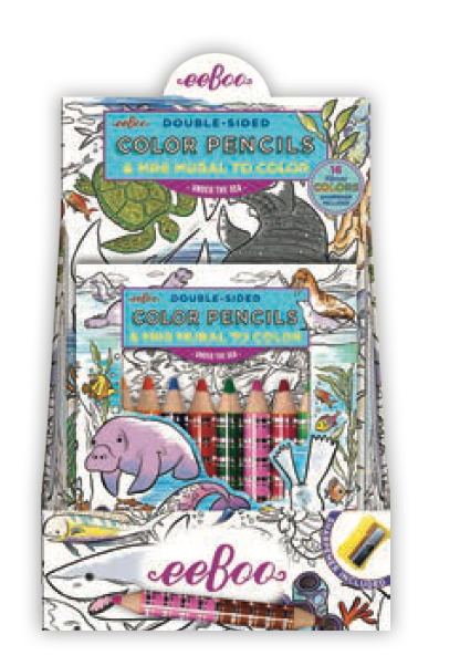 Eeboo Mini Mural with Color Pencils features a display of double-sided color pencils and an "Under the Sea" fold-out mural to color, with packaging illustrated with ocean animals, magical creatures, and plants.