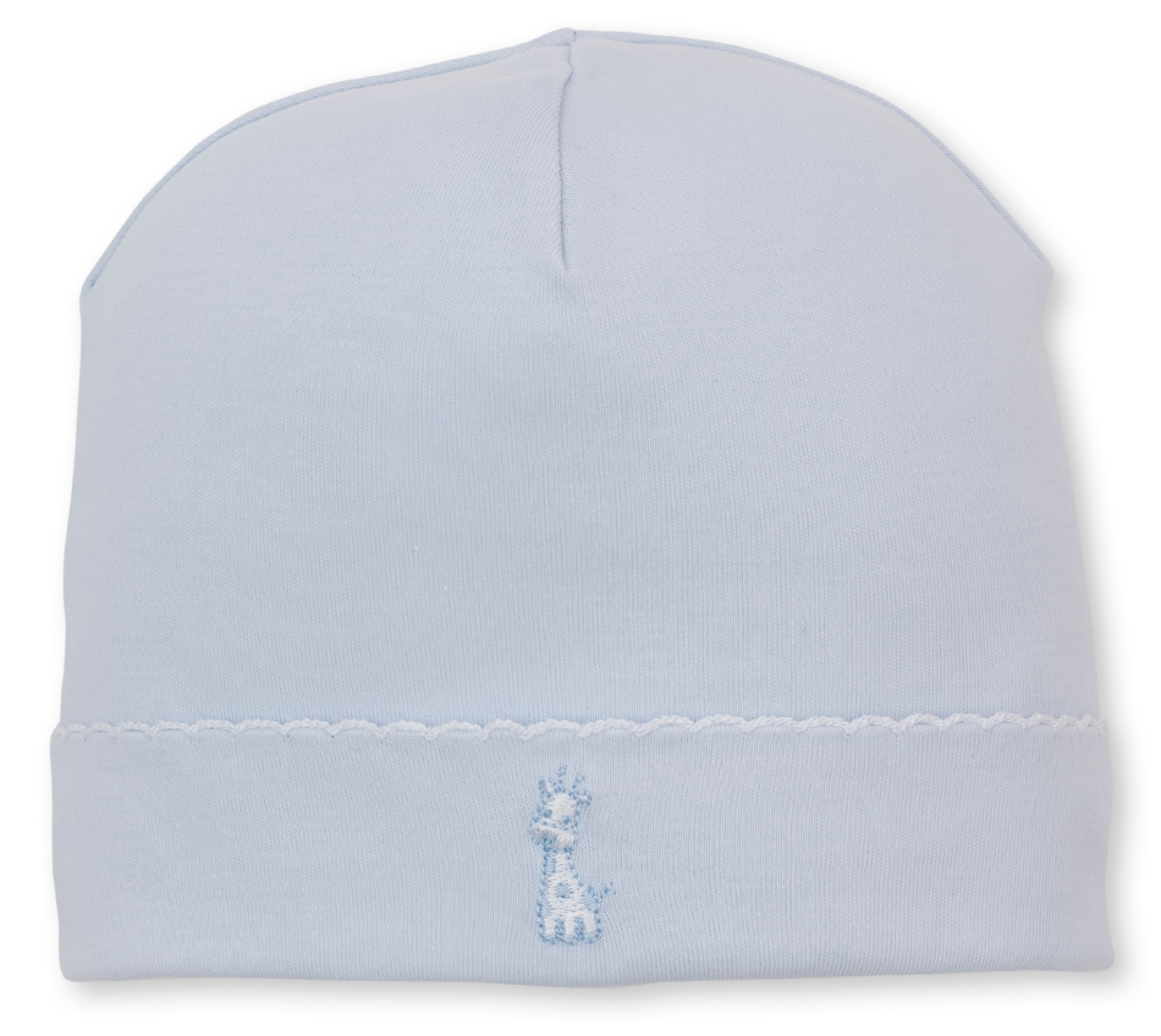 The Baby Giraffe Laughs Hat by Kissy Kissy is a light blue baby hat, crafted from ultra-soft Pima cotton and detailed with a small embroidered giraffe near the bottom edge, finished with a simple scalloped seam above the embroidery.