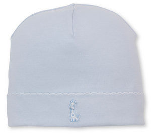 The Baby Giraffe Laughs Hat by Kissy Kissy is a light blue baby hat, crafted from ultra-soft Pima cotton and detailed with a small embroidered giraffe near the bottom edge, finished with a simple scalloped seam above the embroidery.