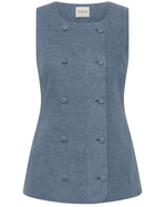 Thea Vest by POSSE: A sleeveless blue double-breasted vest in premium linen, featuring six fabric-covered buttons, back adjustable buckle, and a subtle "POSSE" label inside the collar.