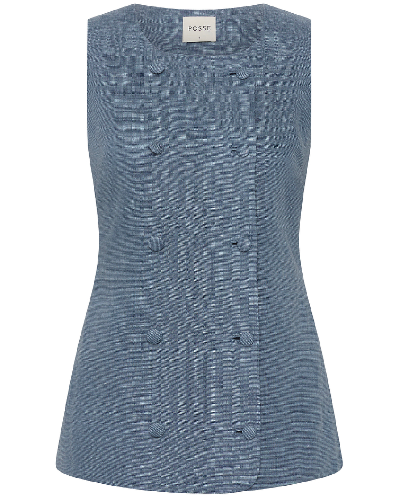 Thea Vest by POSSE: A sleeveless blue double-breasted vest in premium linen, featuring six fabric-covered buttons, back adjustable buckle, and a subtle "POSSE" label inside the collar.