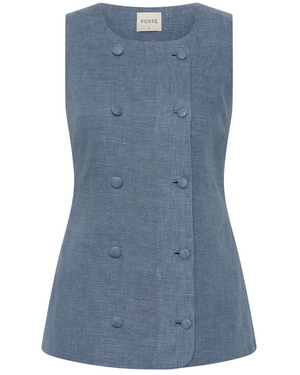 Thea Vest by POSSE: A sleeveless blue double-breasted vest in premium linen, featuring six fabric-covered buttons, back adjustable buckle, and a subtle "POSSE" label inside the collar.