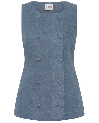 Thea Vest by POSSE: A sleeveless blue double-breasted vest in premium linen, featuring six fabric-covered buttons, back adjustable buckle, and a subtle "POSSE" label inside the collar.