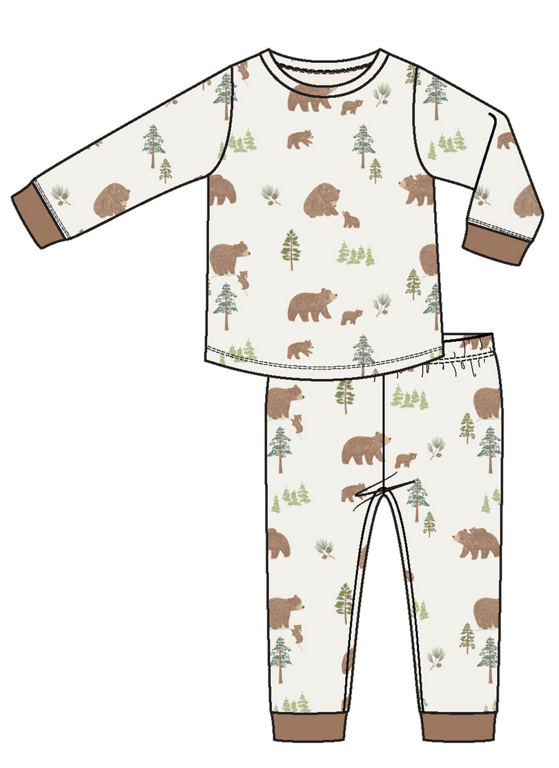 The Angel Dear Baby and Kids' Long Sleeve Loungewear Set features cozy long sleeves and pants with an all-over bear, tree, and plant print in warm brown and green tones.