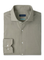 Peter Millar Excursionist Flex Gingham sport shirt in olive green and white, featuring a long-sleeve cotton-stretch design with a spread collar.