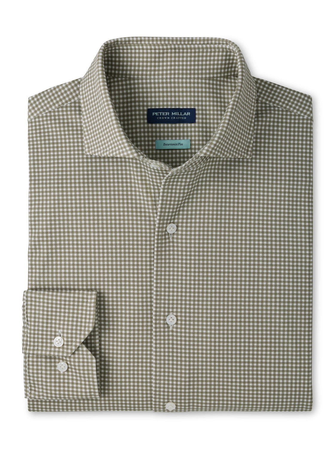 Peter Millar Excursionist Flex Gingham sport shirt in olive green and white, featuring a long-sleeve cotton-stretch design with a spread collar.