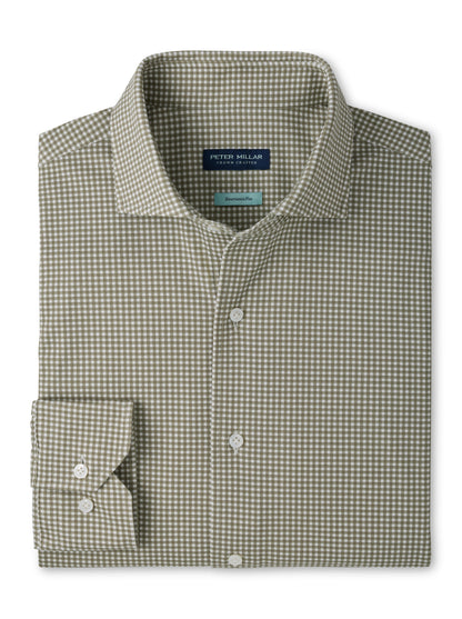 Peter Millar Excursionist Flex Gingham sport shirt in olive green and white, featuring a long-sleeve cotton-stretch design with a spread collar.