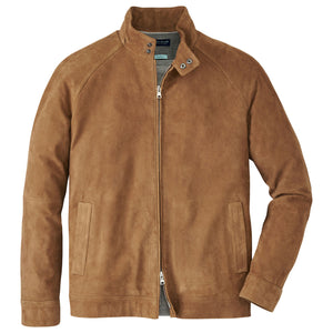The Peter Millar Soho Suede Bomber is a light brown, lightweight suede jacket with a front zipper, stand-up collar, two side pockets, long sleeves, and a soft microfiber lining, shown against a white background.