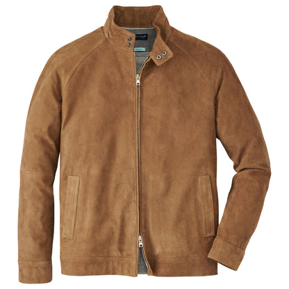 The Peter Millar Soho Suede Bomber is a light brown, lightweight suede jacket with a front zipper, stand-up collar, two side pockets, long sleeves, and a soft microfiber lining, shown against a white background.