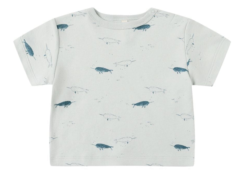 The Quincy Mae Baby and Kids' Boxy Tee is a comfy light grey toddler shirt featuring a cute all-over blue narwhal print.