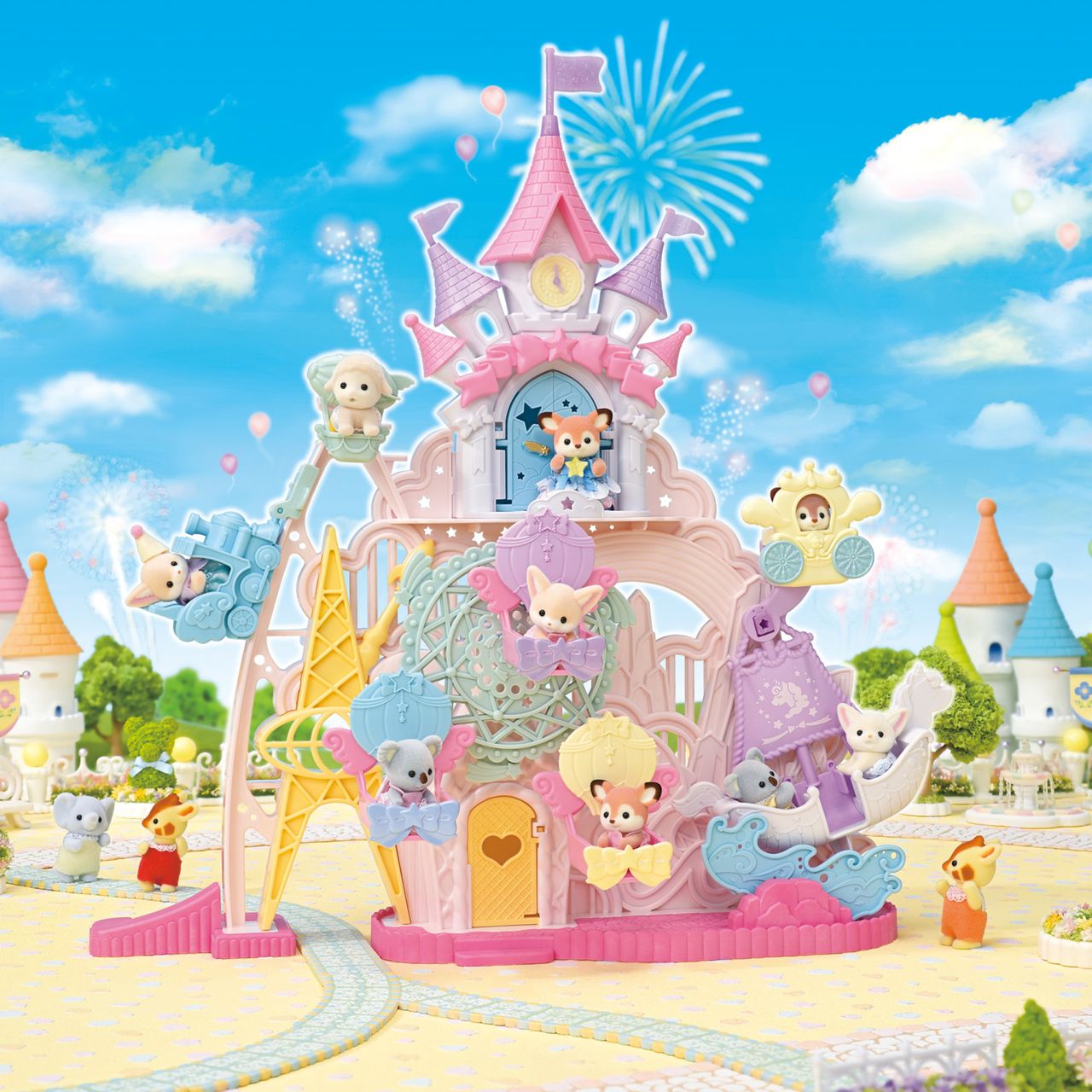 Experience the ultimate amusement park playset with the Baby Dream Amusement Park by Calico Critters—a pastel-hued toy castle featuring adorable animal figures on rides, a delightful Ferris wheel, whimsical decorations, balloons, fireworks, and a fantasy village backdrop set beneath a bright blue sky.