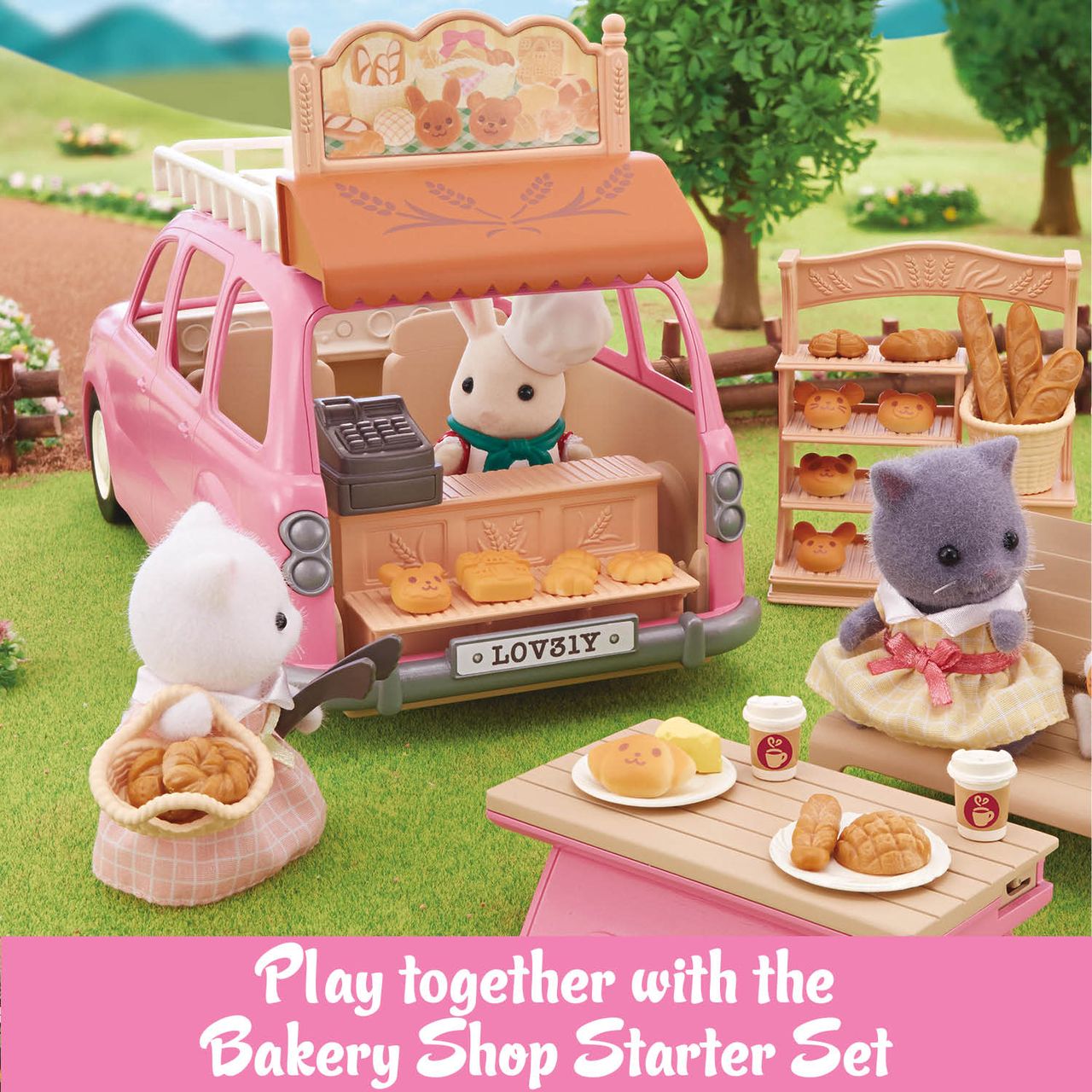 Calico Critters’ Family Picnic Van lets toy animal figures run a bakery, displaying bread and pastries outside on tables and in baskets along with cute picnic accessories. Play together with the Bakery Shop Starter Set!.