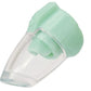 A close-up of a clear plastic and mint green medical inhaler spacer, used for respiratory treatments, is cleverly featured alongside the Playful Starter Furniture Set from Calico Critters—an interactive toy set that encourages imaginative play.