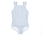 Minnow Baby Girls' and Girls' Ruffle Sleeve Rashguard One Piece in light blue with a subtle floral pattern, featuring ruffle sleeve straps and a high neckline for sun coverage, shown on a white background.