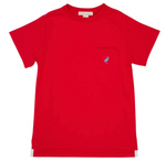 A plain red Baby and Kids' Carter Crewneck short-sleeve t-shirt by The Beaufort Bonnet Company, featuring a small chest pocket with a blue bird logo.