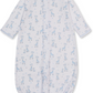 The KISSY Just Giraffes Printed Convertible Gown by Kissy Kissy is a long-sleeved white gown crafted from soft Pima cotton, featuring a delightful blue giraffe and star print, with gathered elastic hem and convenient snap closures down the front.