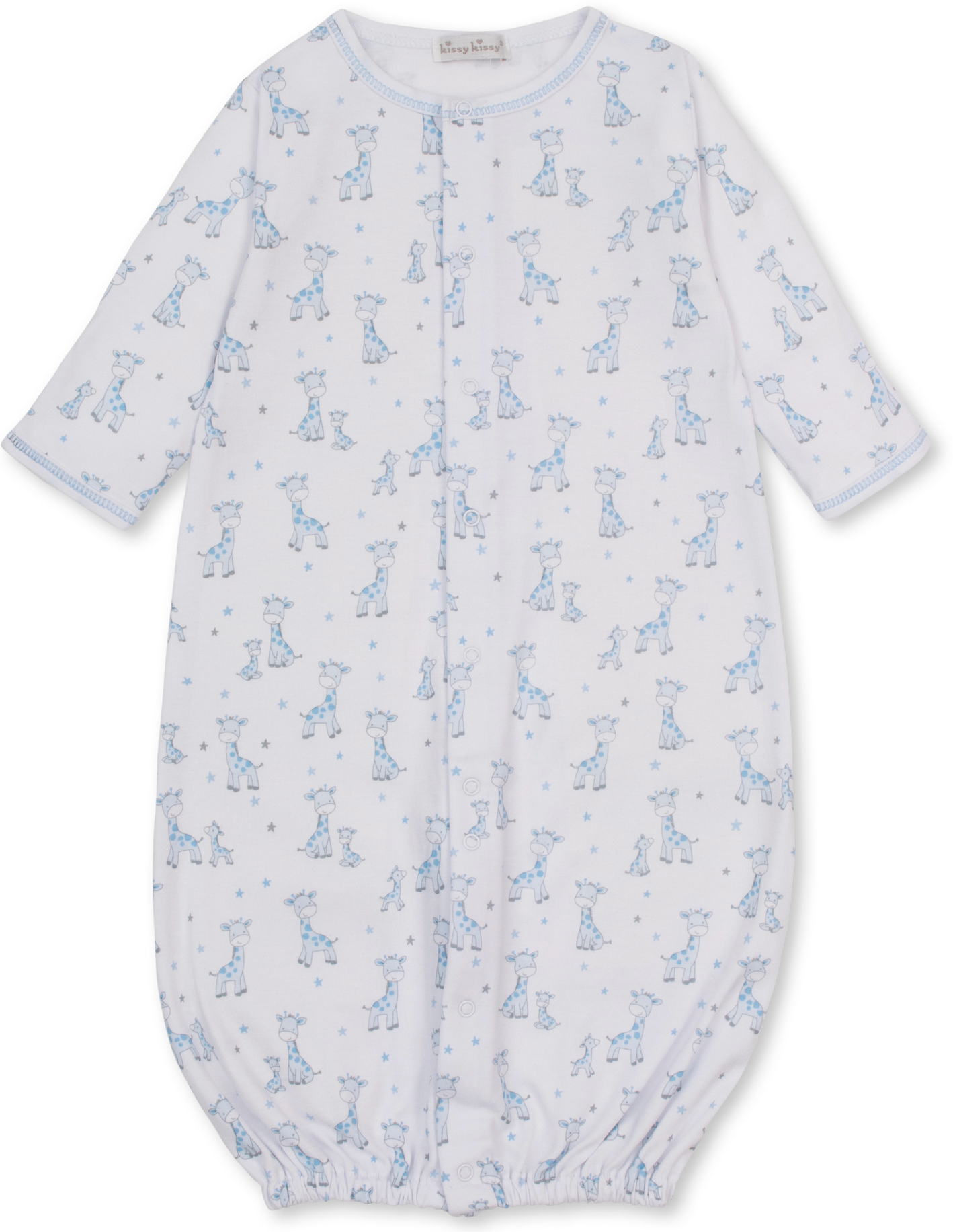 The KISSY Just Giraffes Printed Convertible Gown by Kissy Kissy is a long-sleeved white gown crafted from soft Pima cotton, featuring a delightful blue giraffe and star print, with gathered elastic hem and convenient snap closures down the front.