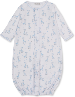 The KISSY Just Giraffes Printed Convertible Gown by Kissy Kissy is a long-sleeved white gown crafted from soft Pima cotton, featuring a delightful blue giraffe and star print, with gathered elastic hem and convenient snap closures down the front.