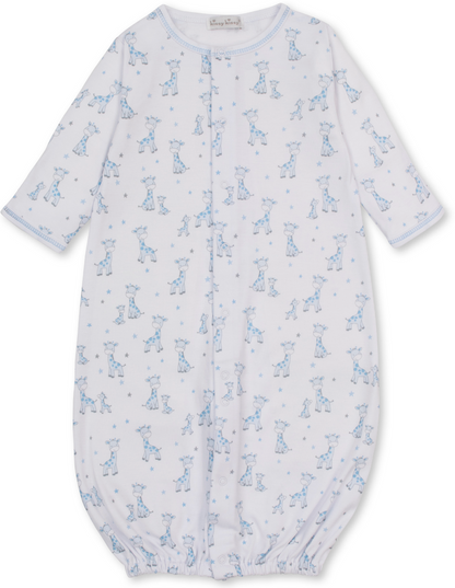 The KISSY Just Giraffes Printed Convertible Gown by Kissy Kissy is a long-sleeved white gown crafted from soft Pima cotton, featuring a delightful blue giraffe and star print, with gathered elastic hem and convenient snap closures down the front.