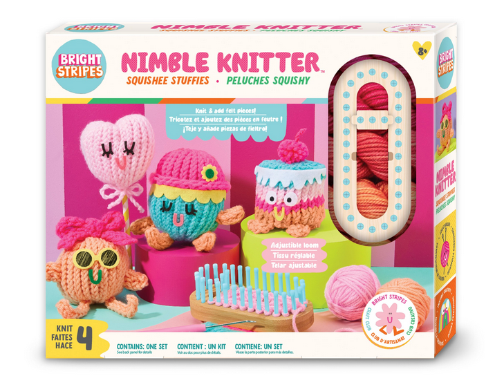 The Bright Stripes Nimble Knitter - Squishee Stuffies kit comes in a colorful box showcasing photos of cute knit characters, bright yarn, an adjustable knitting loom, and fun accessories; recommended for ages 8 and up.