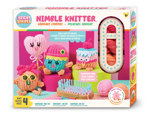 The Bright Stripes Nimble Knitter - Squishee Stuffies kit comes in a colorful box showcasing photos of cute knit characters, bright yarn, an adjustable knitting loom, and fun accessories; recommended for ages 8 and up.
