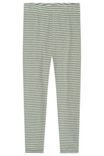 Kids’ Rib Stripe Leggings by Serendipity, featuring gray and white horizontal stripes and crafted from soft organic cotton, are displayed flat against a white background.
