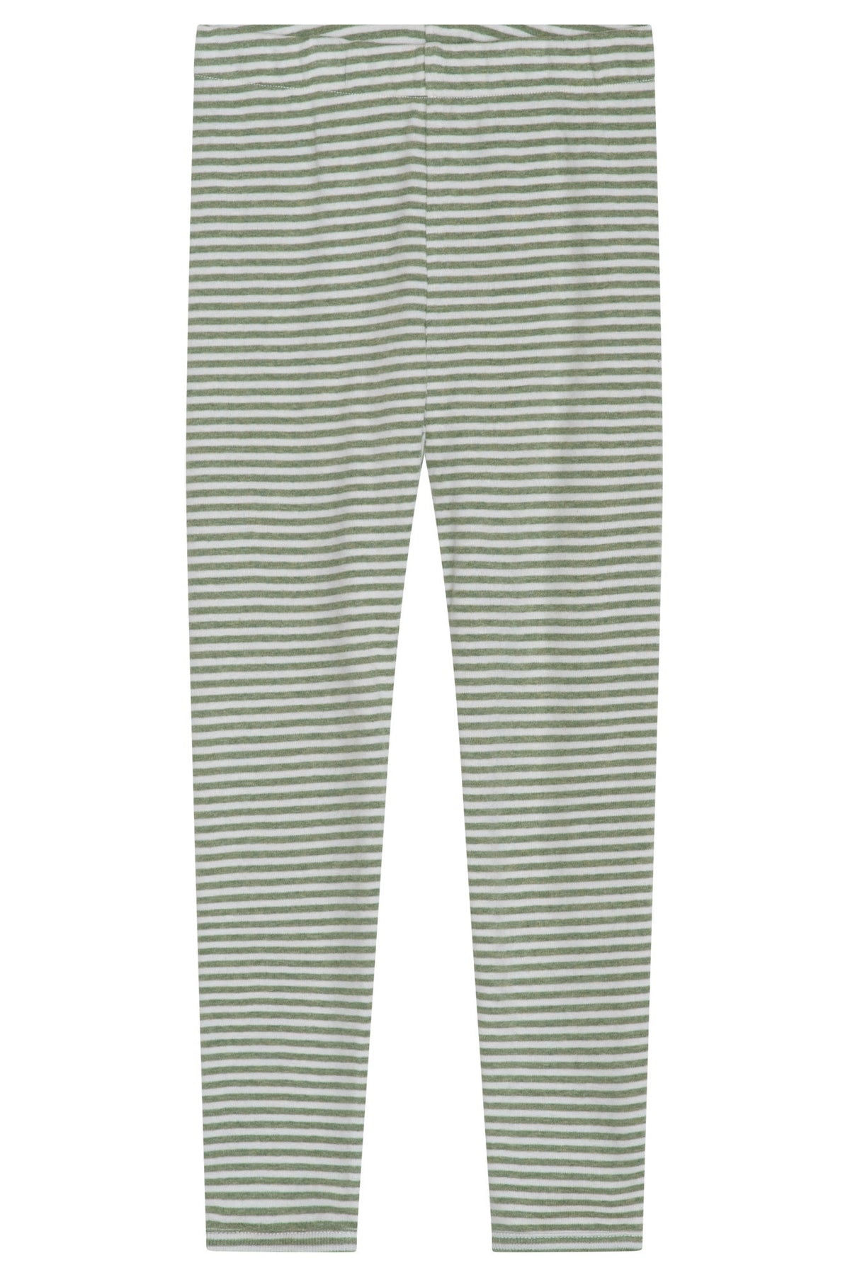 Kids’ Rib Stripe Leggings by Serendipity, featuring gray and white horizontal stripes and crafted from soft organic cotton, are displayed flat against a white background.