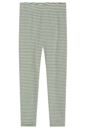 Kids’ Rib Stripe Leggings by Serendipity, featuring gray and white horizontal stripes and crafted from soft organic cotton, are displayed flat against a white background.