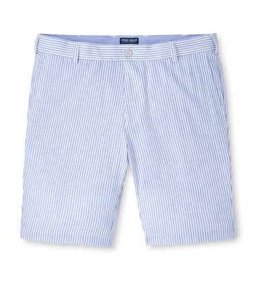 The Peter Millar Surge Linen-Blend Performance Short features light blue and white vertical stripes, belt loops, a front zipper, and side pockets—ideal for warm weather style.
