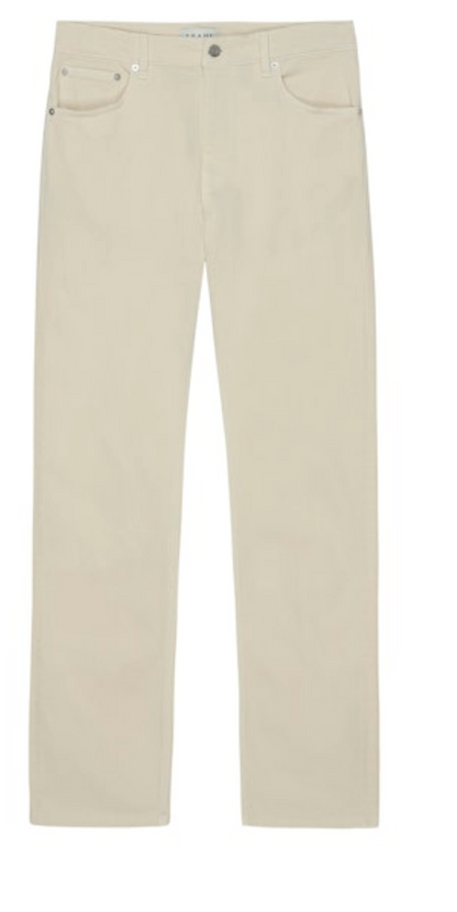 The Frame Modern Straight jeans are mid-rise, straight-leg denim made from stretch-cotton with classic five-pocket styling and a button closure, shown against a white background.