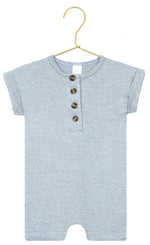 Baby Boys’ Miller Plush Knit Romper by Lou Lou & Company in light gray, featuring short sleeves and four brown buttons on the front, displayed on a gold hanger against a white background.