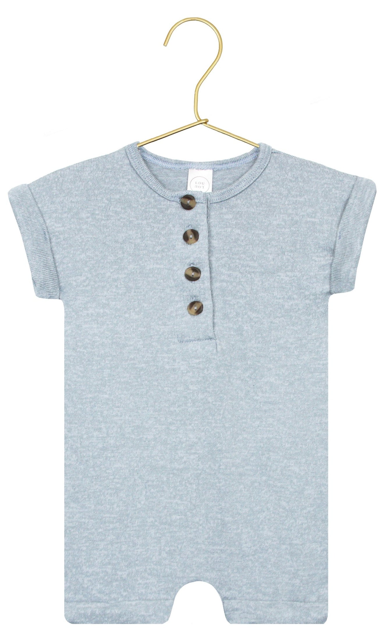 Baby Boys’ Miller Plush Knit Romper by Lou Lou & Company in light gray, featuring short sleeves and four brown buttons on the front, displayed on a gold hanger against a white background.