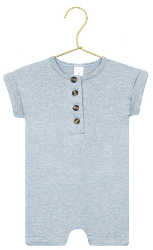 Baby Boys’ Miller Plush Knit Romper by Lou Lou & Company in light gray, featuring short sleeves and four brown buttons on the front, displayed on a gold hanger against a white background.