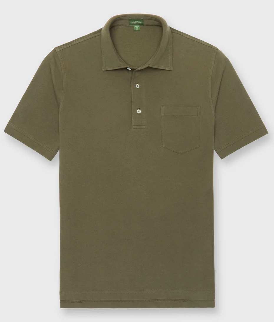 The Sid Mashburn Pima Pique Short-Sleeved Polo in olive green is crafted from Peruvian pima cotton, featuring a cut-and-sew collar, front chest pocket, two-button placket, and classic style.