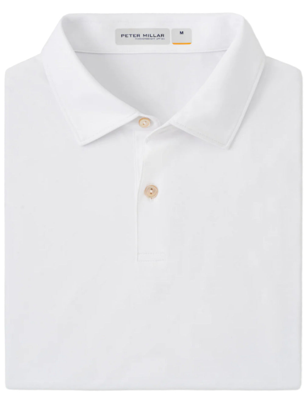 A folded Featherweight Mélange Polo in white, featuring a collar with two buttons and "Peter Millar" on the label. Made from lightweight performance fabric, it provides moisture-wicking and UPF 50+ for comfort on sunny days.