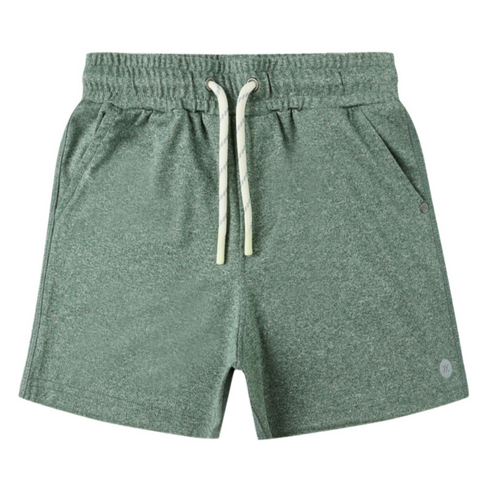 The Boys' Oceanside Tech Short by Rylee & Cru features a green elastic waistband, white drawstring, side pockets, and a zip back pocket, shown laid flat on a white background.