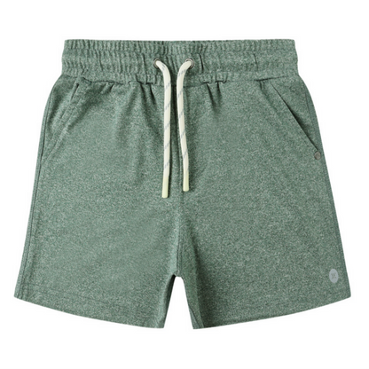 The Boys' Oceanside Tech Short by Rylee & Cru features a green elastic waistband, white drawstring, side pockets, and a zip back pocket, shown laid flat on a white background.