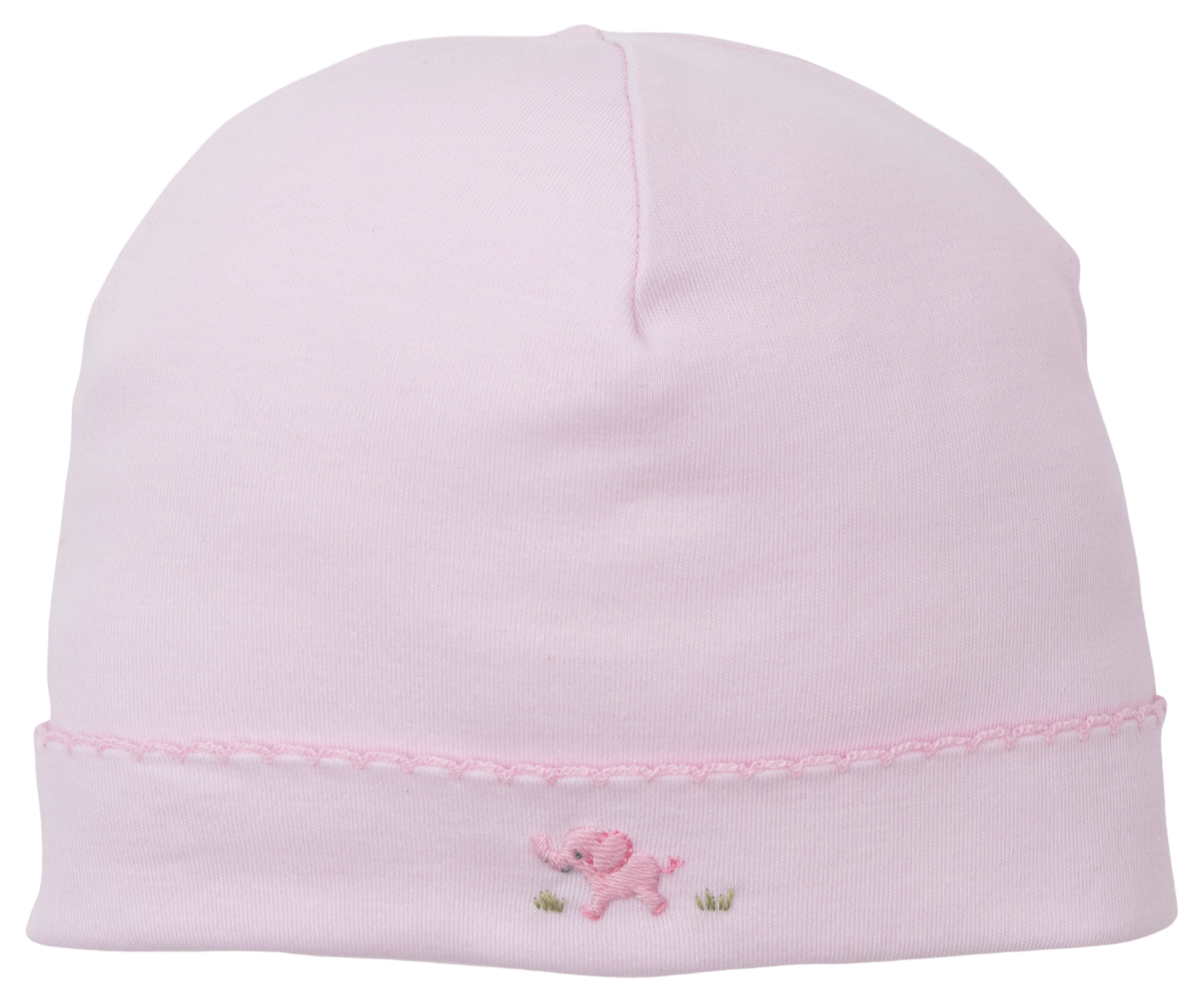 The Kissy Kissy Premier Elephant Esprit Hat with Hand Emb. is a light pink Pima cotton baby hat featuring scalloped trim and a small hand-embroidered pink elephant near the bottom edge.