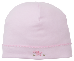 The Kissy Kissy Premier Elephant Esprit Hat with Hand Emb. is a light pink Pima cotton baby hat featuring scalloped trim and a small hand-embroidered pink elephant near the bottom edge.