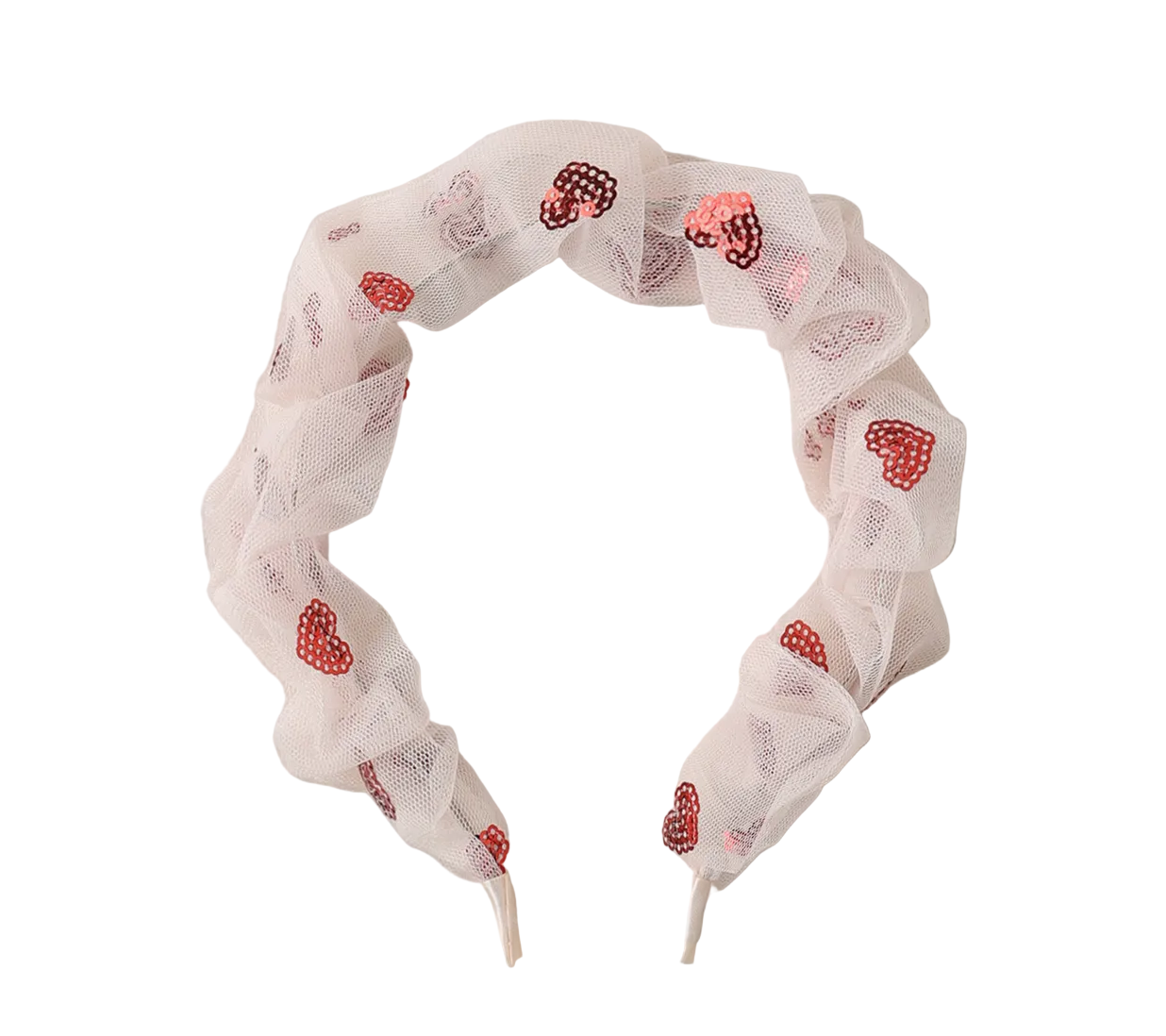 The Noralee Girls' Gathered Headband is a white tulle accessory adorned with small red strawberry and heart patterns.